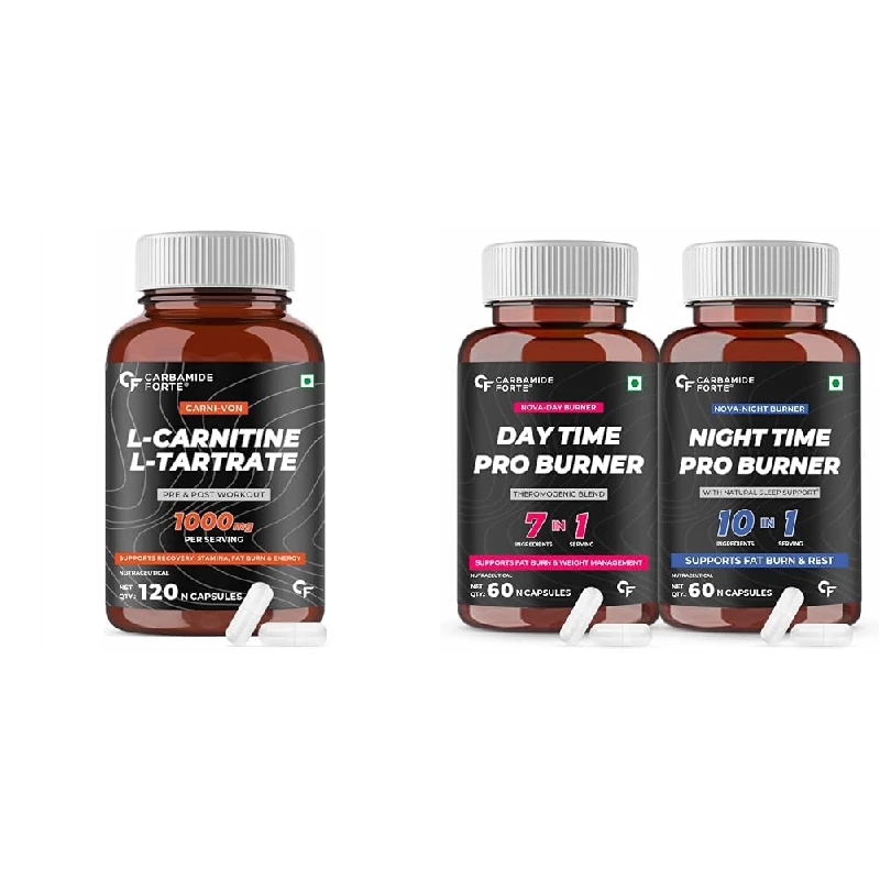Carbamide Forte L-Carnitine L-Tartrate 1000mg Pre Workout Supplement( Pack of 1) & Night & Day Fat Burner for Men & Women( Pack of 2)